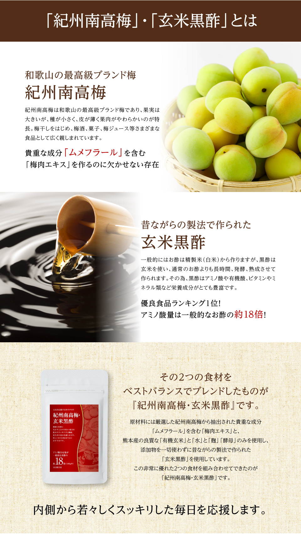 和歌山の最高級ブランド梅 紀州南高梅 貴重な成分「ムメフラール」を含む 「梅肉エキス」を作るのに欠かせない存在 昔ながらの製法で作られた・玄米黒酢 優良食品ランキング1位！ アミノ酸量は一般的なお酢の約18倍！ 内側から若々しくスッキリした毎日を応援します。